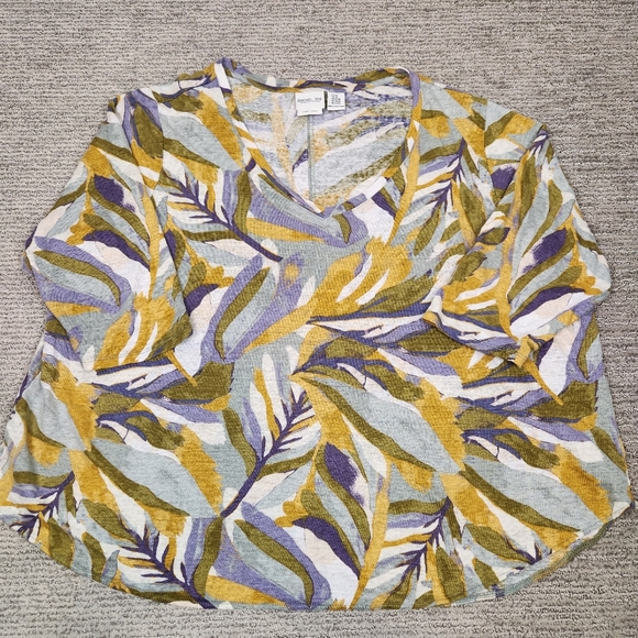 Rachel Zoe 100% Linen Shirt Womens 3X Plus Elbow Sleeve Yellow Floral V-Neck - Picture 1 of 6